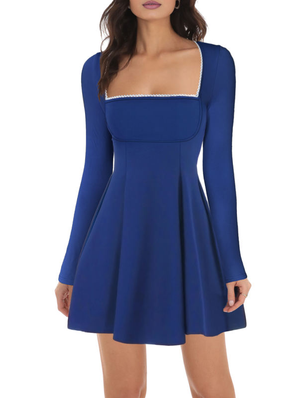 Royal Blue Square Neck Slim Waist Long Sleeve Dress