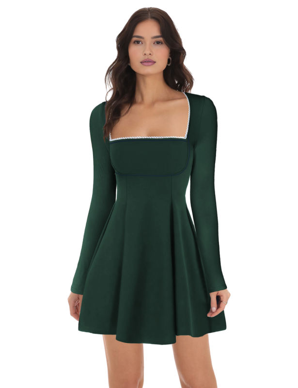 Dark Green Square Neck Slim Waist Long Sleeve Dress