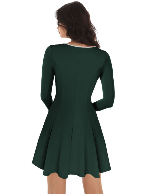 Dark Green Square Neck Slim Waist Long Sleeve Dress