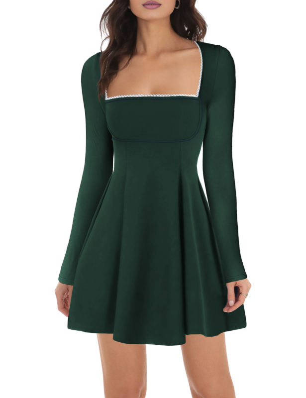 Dark Green Square Neck Slim Waist Long Sleeve Dress
