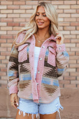 Pink Western Aztec Print Sherpa Splicing Buttoned Flap Pocket Coat