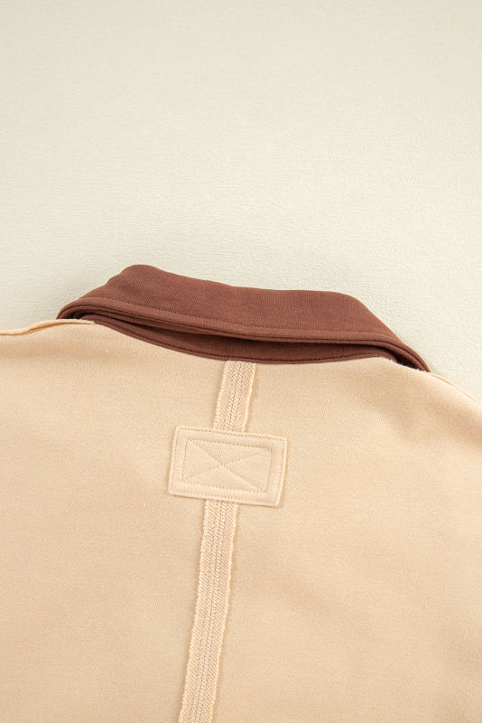 Light French Beige Striped Colorblock Patchwork Collar Sweatshirt