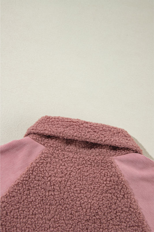 Rose Pink Sherpa Patchwork Lace Elastic Cuff Zip Up Jacket