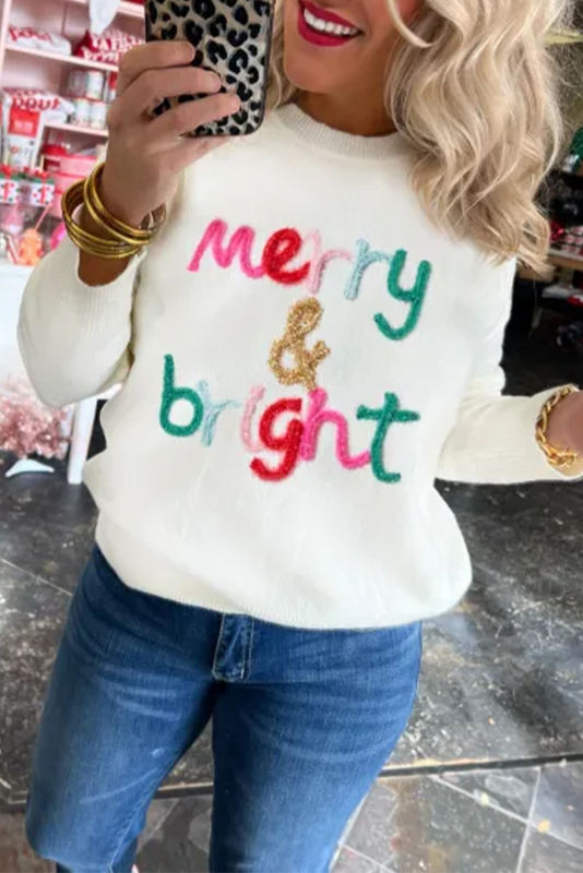 White Merry &amp; Bright Round Neck Casual Sweater