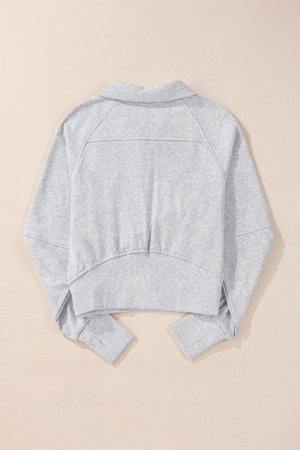 Light Grey Quarter Zip Stand Neck Kangaroo Pocket Sweatshirt