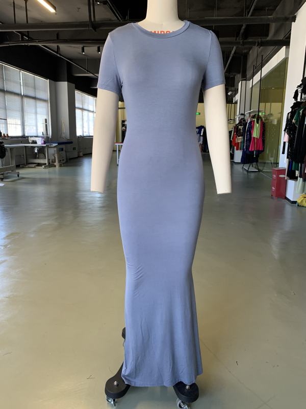 Blue Solid Color Short Sleeve Bodycon Dress
