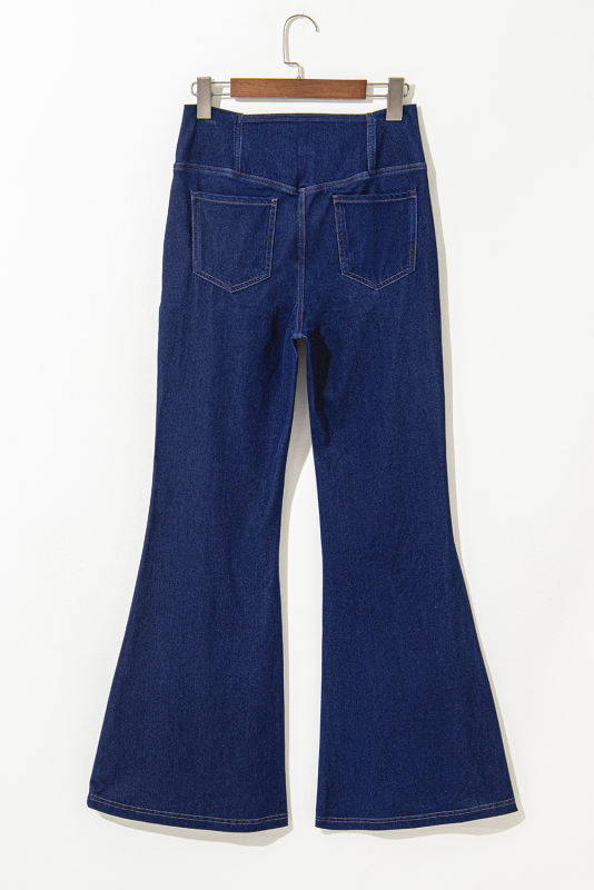 Dusk Blue Solid Crossed Waist High Elastic Fit Flare Jeans