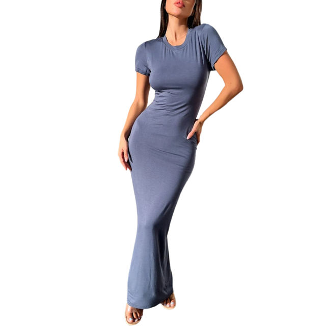 Blue Solid Color Short Sleeve Bodycon Dress