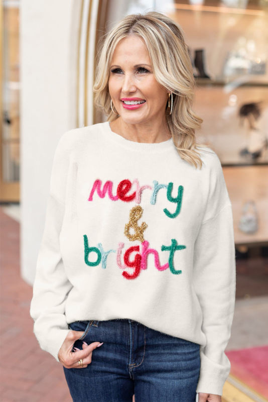 White Merry &amp; Bright Round Neck Casual Sweater