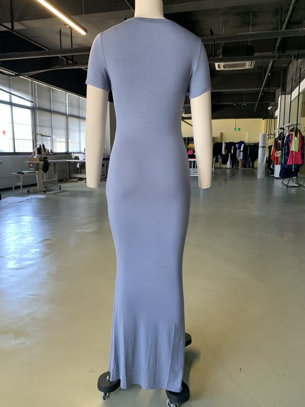 Blue Solid Color Short Sleeve Bodycon Dress