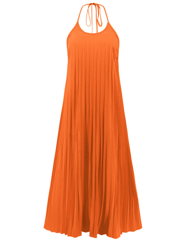 Orange Backless Halter Neck Pleated Long Dress