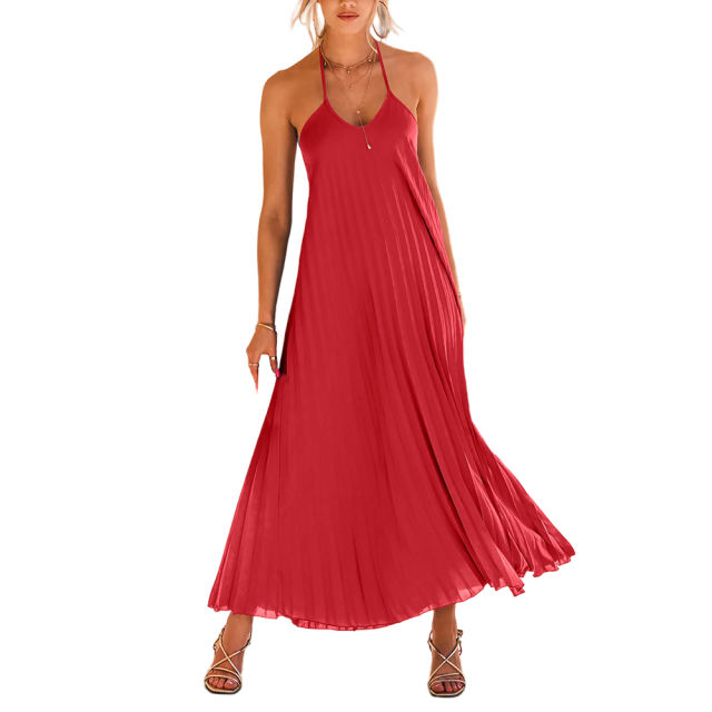 Red Backless Halter Neck Pleated Long Dress