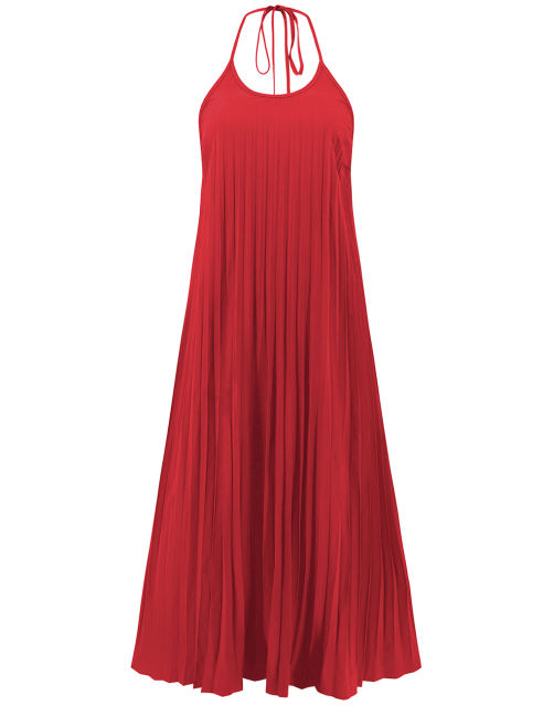 Red Backless Halter Neck Pleated Long Dress