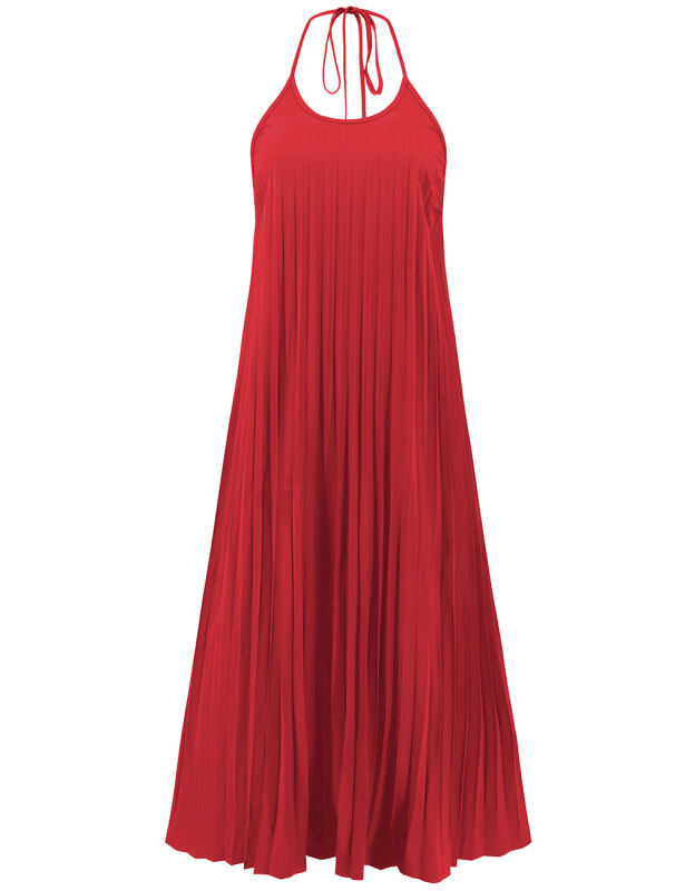Red Backless Halter Neck Pleated Long Dress