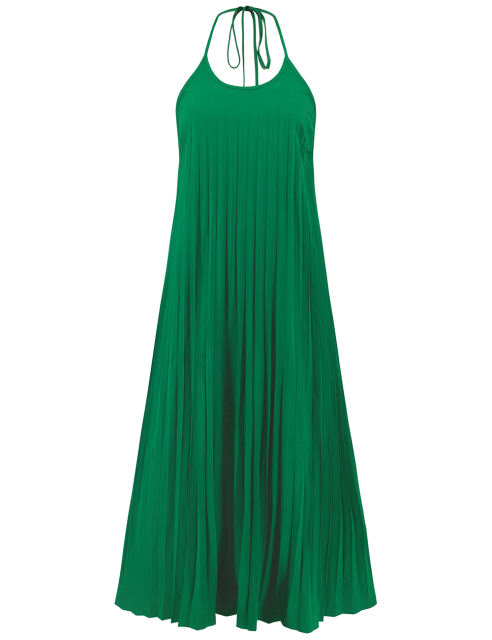 Green Backless Halter Neck Pleated Long Dress