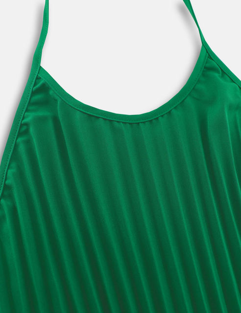 Green Backless Halter Neck Pleated Long Dress