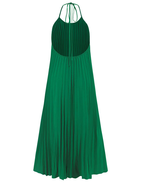 Green Backless Halter Neck Pleated Long Dress