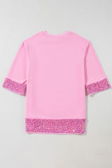 Bonbon Sequin Trim Bracelet Sleeve Shift Crew Neck Short Dress
