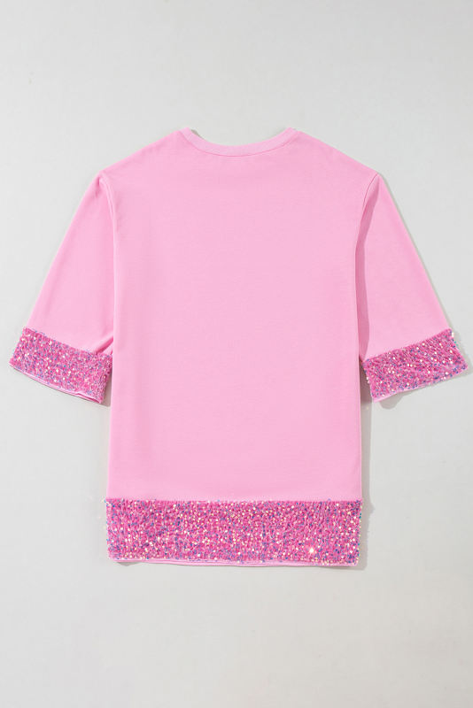 Bonbon Sequin Trim Bracelet Sleeve Shift Crew Neck Short Dress