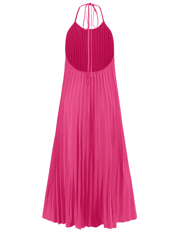 Rosy Backless Halter Neck Pleated Long Dress