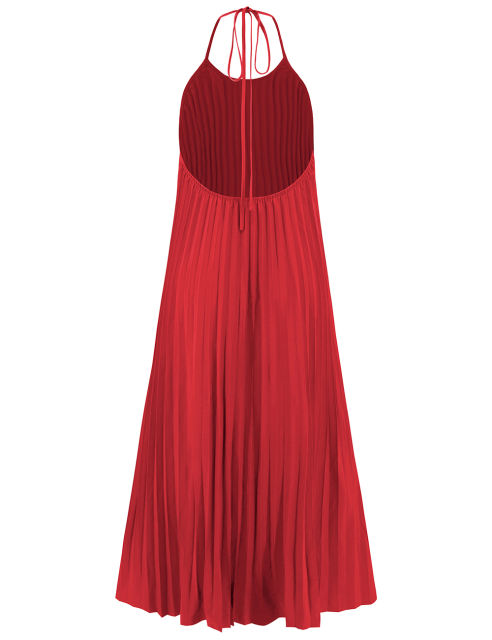 Red Backless Halter Neck Pleated Long Dress