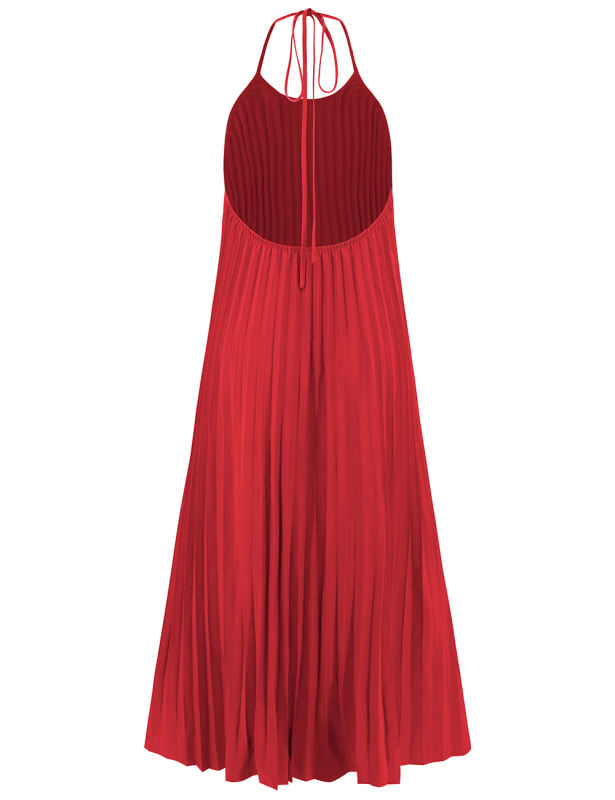 Red Backless Halter Neck Pleated Long Dress