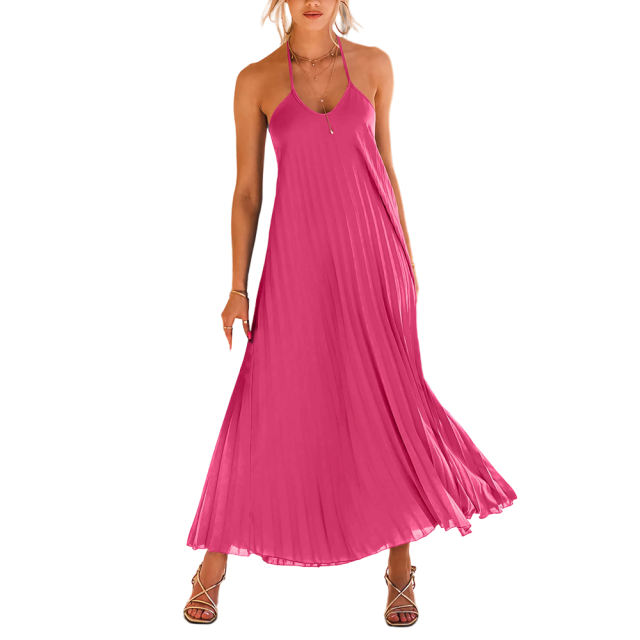 Rosy Backless Halter Neck Pleated Long Dress