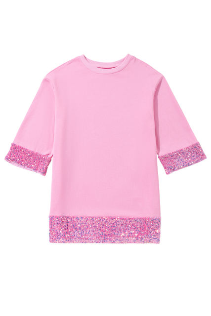 Bonbon Sequin Trim Bracelet Sleeve Shift Crew Neck Short Dress