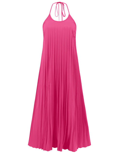 Rosy Backless Halter Neck Pleated Long Dress