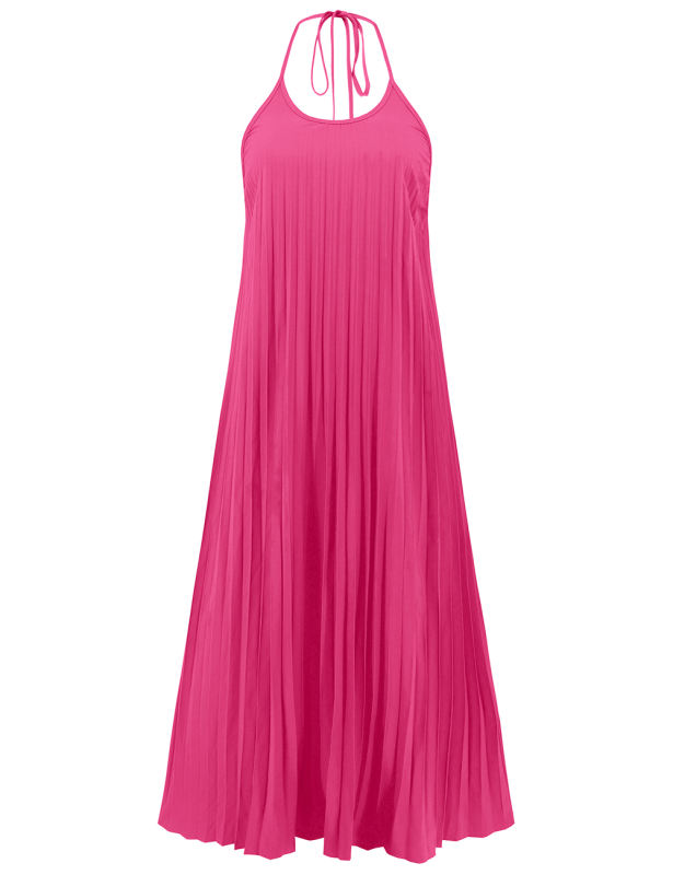 Rosy Backless Halter Neck Pleated Long Dress