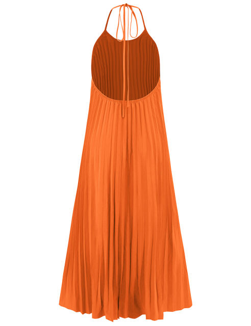 Orange Backless Halter Neck Pleated Long Dress