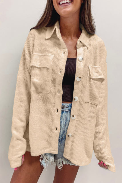 Apricot Solid Color Corduroy Buttoned Long Sleeve Shacket