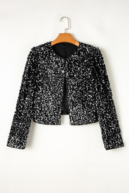 Black Sequined Open Front Cropped Jacket