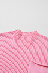 Pink Patch Pocket Ribbed Knit Short Sleeve Sweater