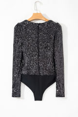 Black Sequin V Neck Zipped Long Sleeve Bodysuit