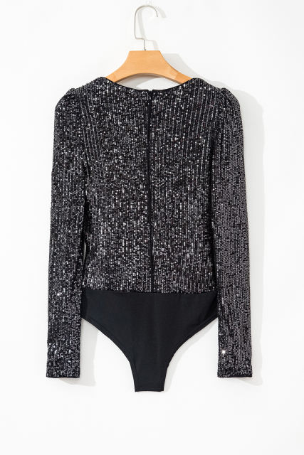 Black Sequin V Neck Zipped Long Sleeve Bodysuit