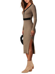 Brown Contrast V Neck Long Sleeve Bodycon Dress with Slit