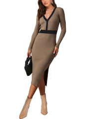 Brown Contrast V Neck Long Sleeve Bodycon Dress with Slit