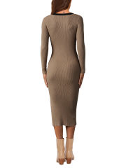 Brown Contrast V Neck Long Sleeve Bodycon Dress with Slit