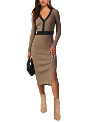 Brown Contrast V Neck Long Sleeve Bodycon Dress with Slit