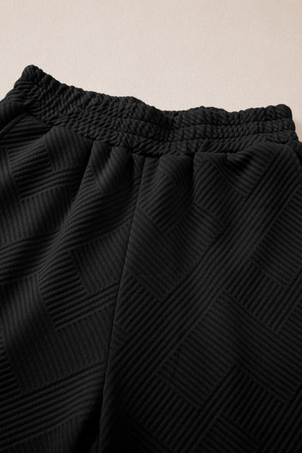 Black Solid Textured Collared V Neck Top and Wide Leg Pants Set