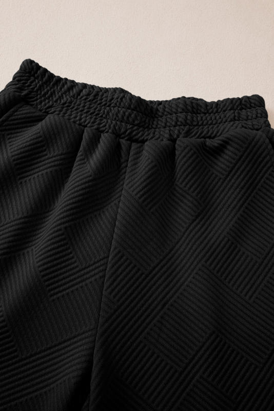 Black Solid Textured Collared V Neck Top and Wide Leg Pants Set