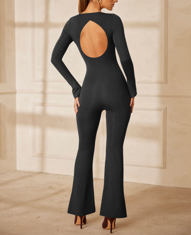 Dark Gray Square Neck Cut-out Back Flared Jumpsuit