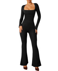Black Square Neck Cut-out Back Flared Jumpsuit