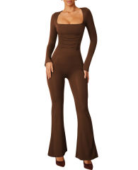 Brown Square Neck Cut-out Back Flared Jumpsuit
