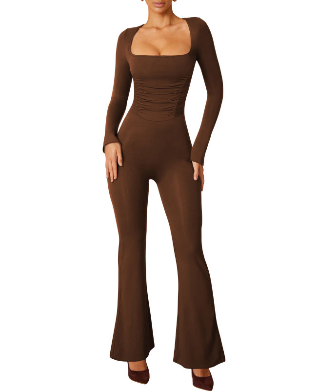 Brown Square Neck Cut-out Back Flared Jumpsuit