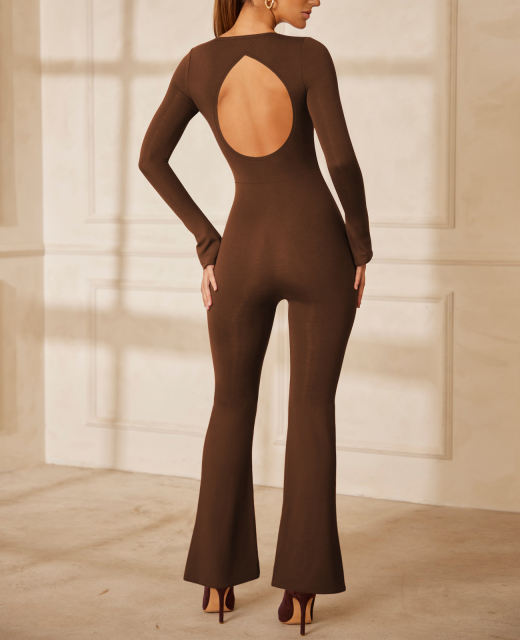 Brown Square Neck Cut-out Back Flared Jumpsuit