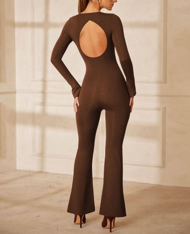 Brown Square Neck Cut-out Back Flared Jumpsuit