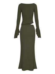 Army Green Asymmetric Long Sleeve Top and Maxi Skirt Set