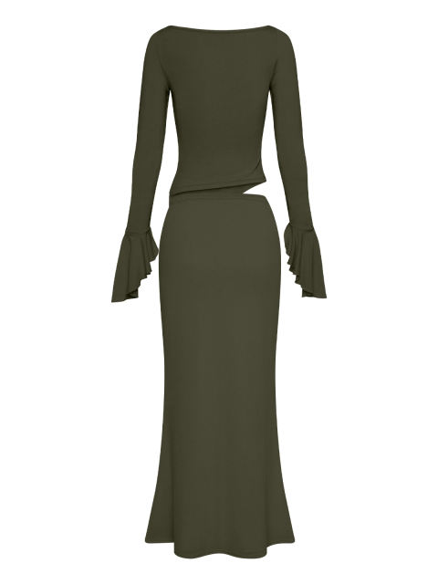 Army Green Asymmetric Long Sleeve Top and Maxi Skirt Set